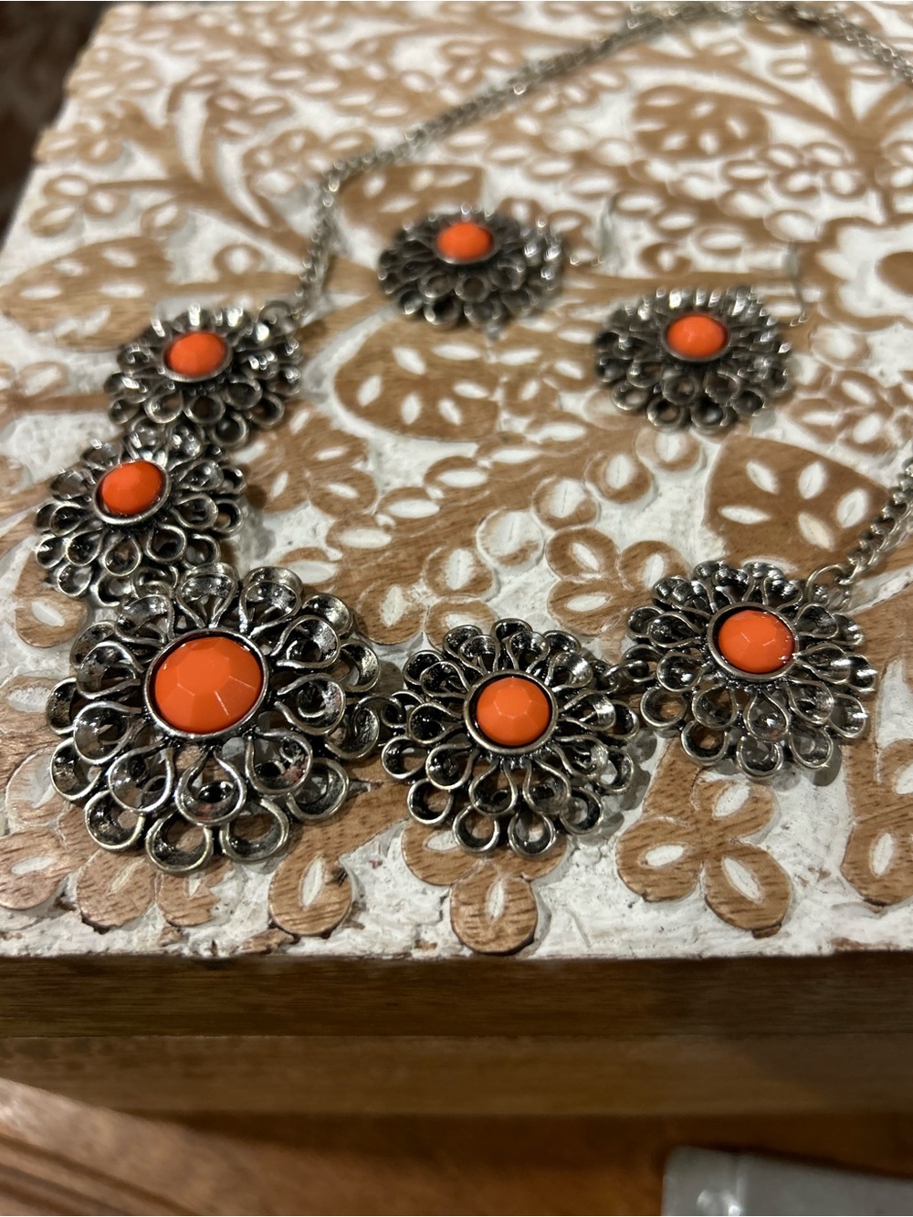 Orange Floral Silver-Tone Statement Necklace -